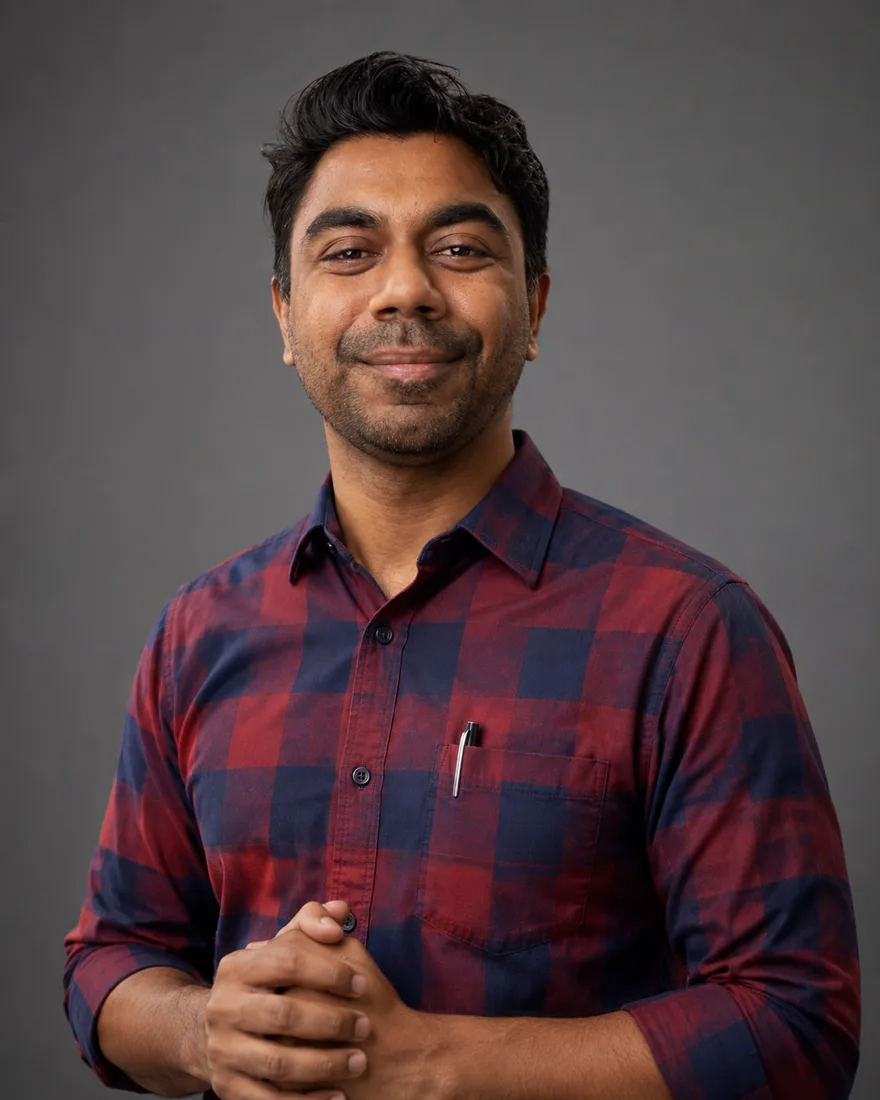 Dr Husain smiling, in a red and navy checked shirt